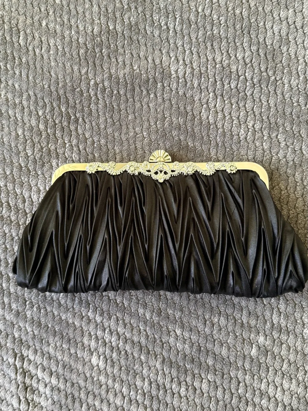 Black Ruched Evening Clutch with Silver Chain